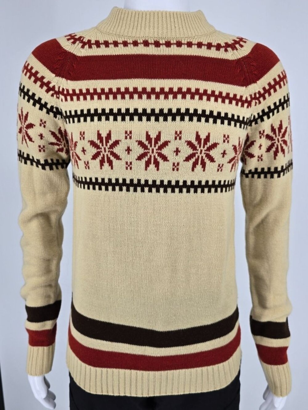 Vintage 1970s Kmart Cream/Red/Brown Nordic Style Acrylic Snowflake Sweater (S/M)